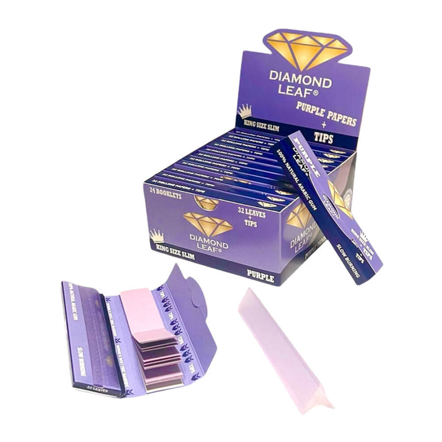 Diamond Leaf Purple Rolling Papers King Size Slim + Tips