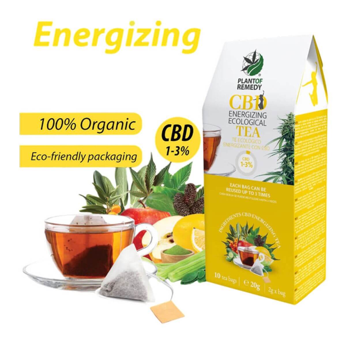 Plant of Remedy Chá Biológico Energizante com 1–3% de CBD (10 saquetas)